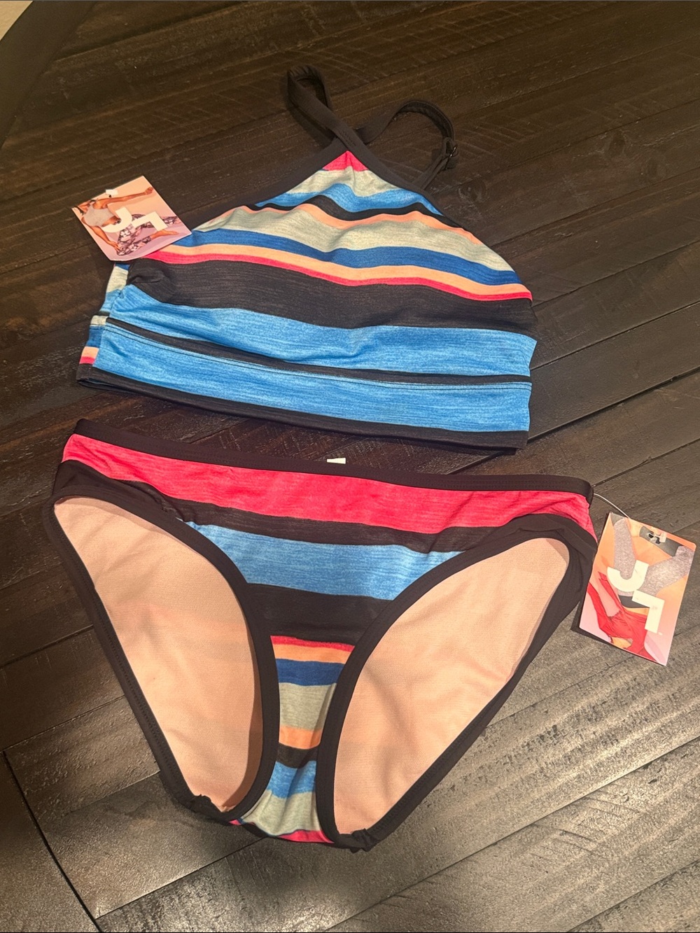 JoyLab Striped Crop Swim Top & Bikini Bottoms Blue, Red, Black NWT Size S